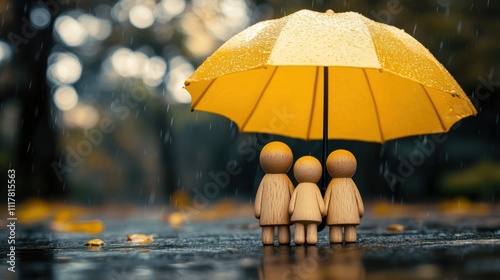 Wallpaper Mural A group of three people are standing under a yellow umbrella in the rain. The umbrella is open and the people are holding hands. Concept of togetherness and protection from the rain Torontodigital.ca