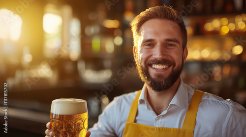 smiling bartender holds beer glass, showcasing warm atmosphere. golden light enhances inviting ambiance of bar, creating cheerful scene photo