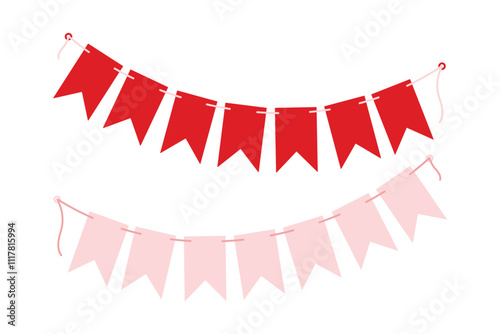 Festive Pennant garland on rope in trendy monochrome pale pink and red. Valentines Day element Set 2