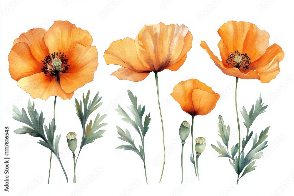 Obraz premium A watercolor illustration of vibrant orange poppy flowers with green leaves.