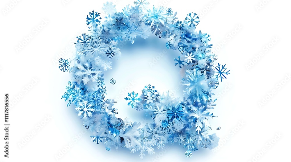 A circular wreath of intricately detailed snowflakes on a white background. A circular wreath of intricately detailed snowflakes on a white background.