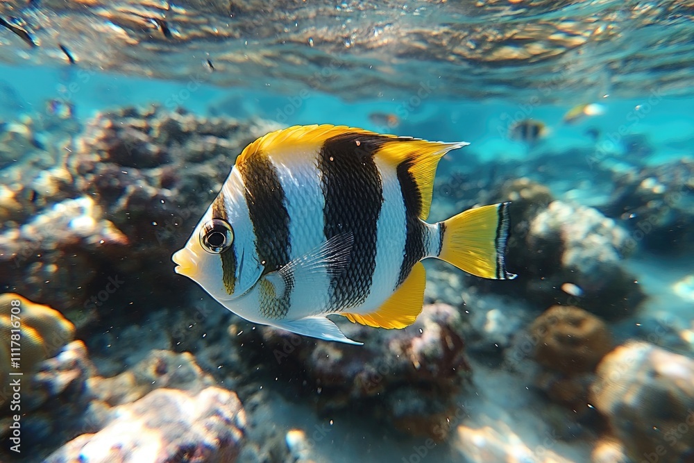 Obraz premium Threadfin butterflyfish swimming in turquoise tropical coral reef sea