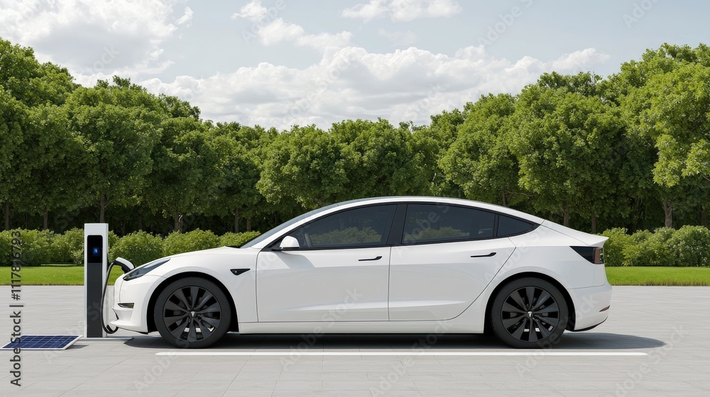 A sleek white electric car is parked at a charging station, surrounded by lush greenery under a bright blue sky. A sleek white electric car is parked at a charging station, surrounded by lush greenery under a bright blue sky.