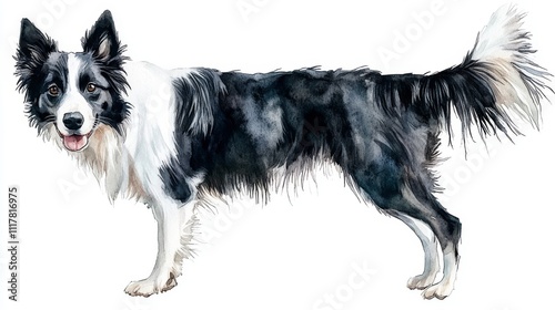 An illustration of a border collie, rendered in watercolor and isolated on white. photo