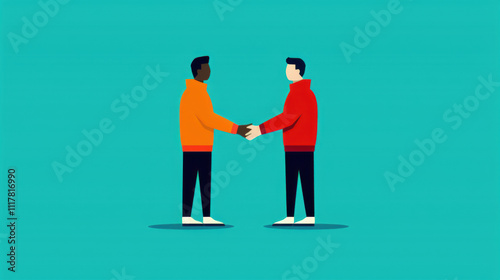 Person offering a helping hand to another, Two individuals shake hands, symbolizing partnership and collaboration against a vibrant turquoise background.