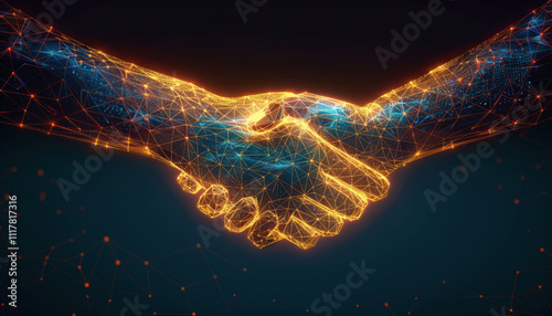 a glowing handshake symbolizing outreach and connection, A dynamic digital handshake symbolizing partnership and collaboration in a modern business environment.