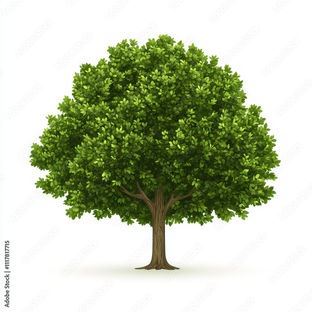 tall oak tree with lush green canopy and sturdy trunk, symbolizing nature beauty and strength. This captures essence of tranquility and growth