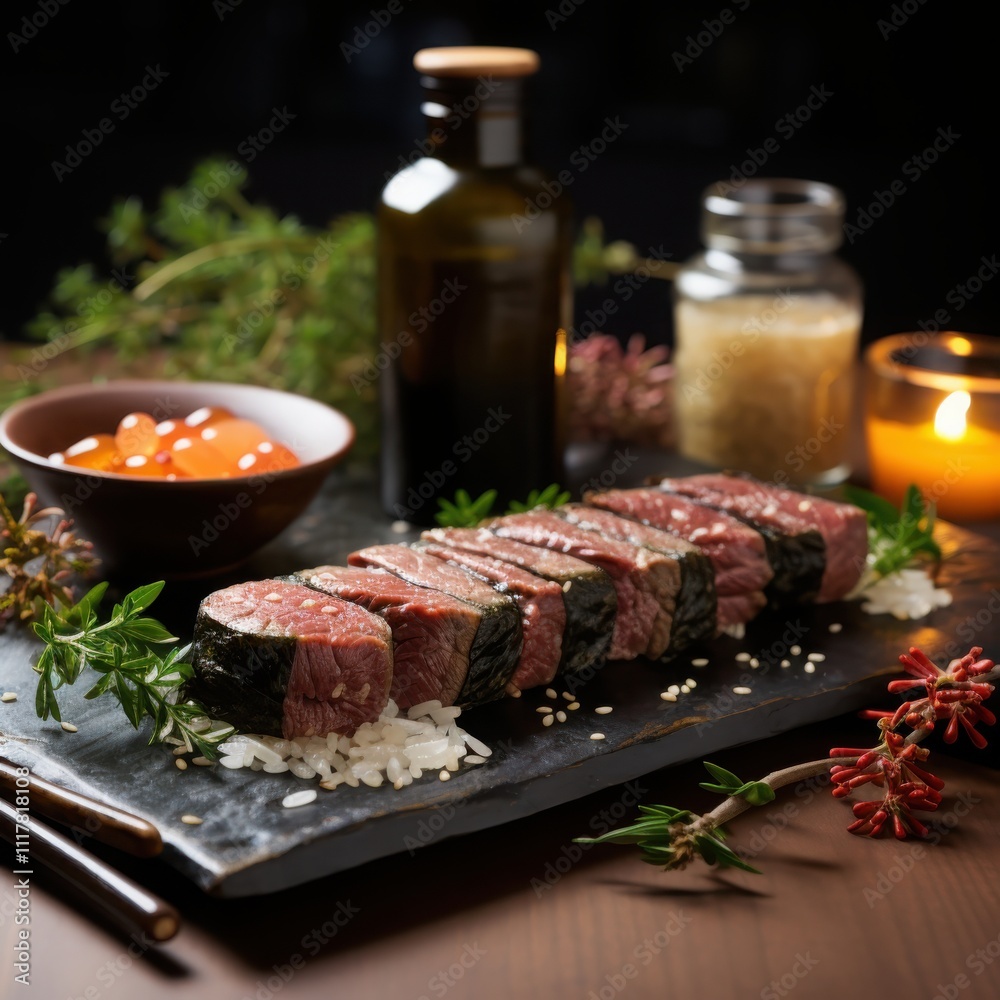 Crafting wagyu beef sushi rolls in a zen garden setting with minimalist japanese plating techniques using precision knife work on a bamboo mat Crafting wagyu beef sushi rolls in a zen garden setting with minimalist japanese plating techniques using precision knife work on a bamboo mat