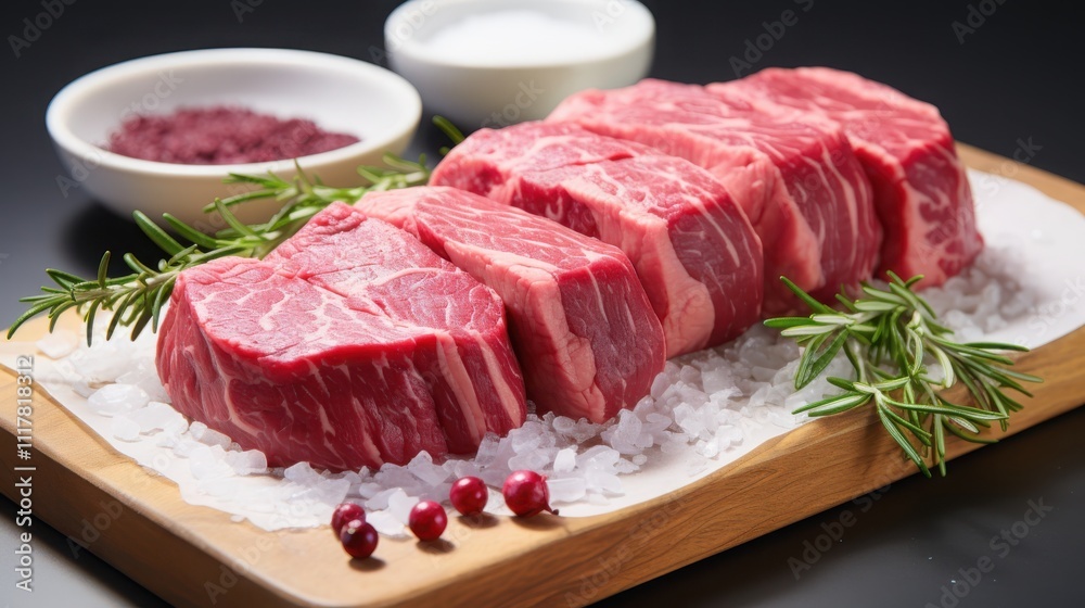 Precise cutting of wagyu beef raw rolls on white marble surface culinary precision with soft shadows Precise cutting of wagyu beef raw rolls on white marble surface culinary precision with soft shadows