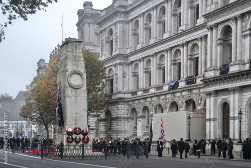 The Cenotaph, on Whitehall street, decorated with flowers, during the commemoration of November 10th, Remembrance Day, London. photo