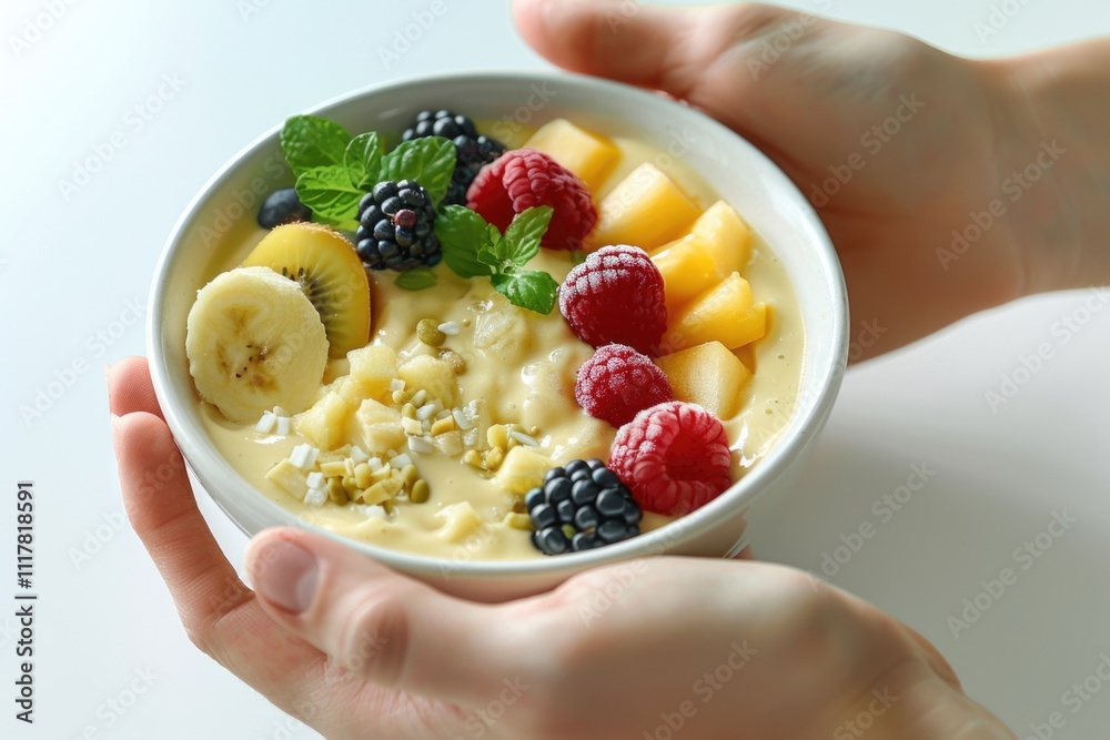 A person holding a bowl of mixed fruit and yogurt for a healthy snack or meal A person holding a bowl of mixed fruit and yogurt for a healthy snack or meal