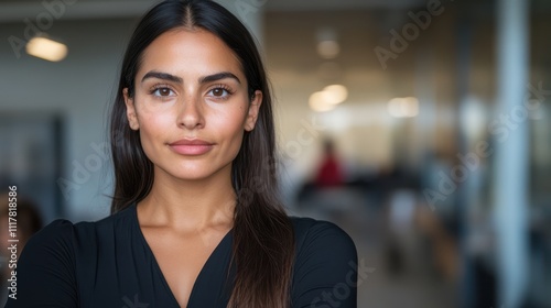 Confident and serene, a professional woman stands in a bright office, her composed demeanor reflecting leadership and focus.