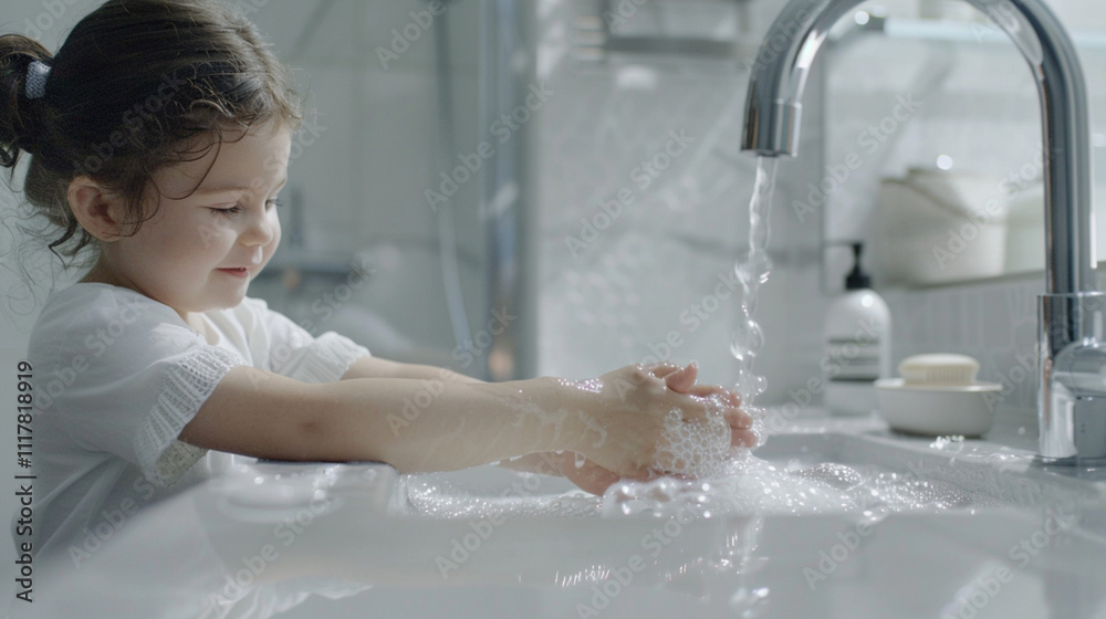 Fototapeta premium Handwashing habits in children, emphasizing good sanitation practices. Kid washing hands under a bathroom tap. Hygiene, health, and cleanliness. 