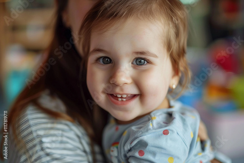 Generative AI Portrait of Smiling Mother Hugging Baby in Nursery Room