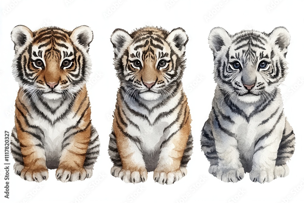 Obraz premium Three adorable tiger cubs, showcasing different fur patterns and colors.