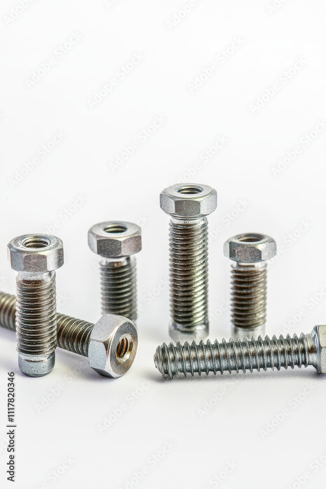 Various metallic bolts and nuts arranged on a white background highlighting industrial hardware components for construction, engineering, and manufacturing use Various metallic bolts and nuts arranged on a white background highlighting industrial hardware components for construction, engineering, and manufacturing use