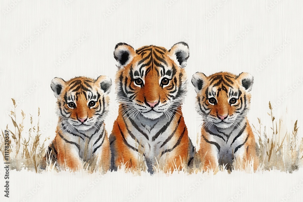 Obraz premium Three adorable tiger cubs sitting in a grassy area.