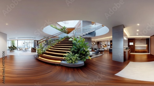 Luxury Modern Home Interior Design: 360? Virtual Tour of a Stunning Residence with a Circular Staircase and Lush Greenery