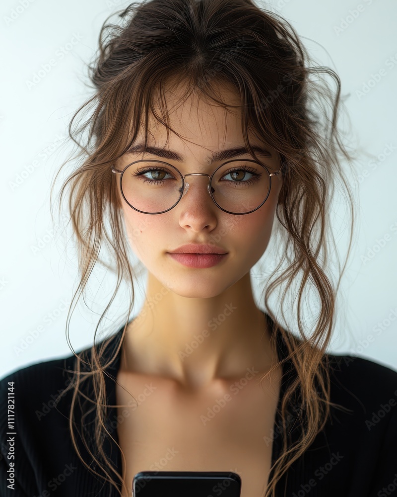 Fototapeta premium Portrait of a Young Woman with Brown Wavy Hair, Wearing Round Glasses, and Holding a Smartphone - Stylish and Modern Female Model