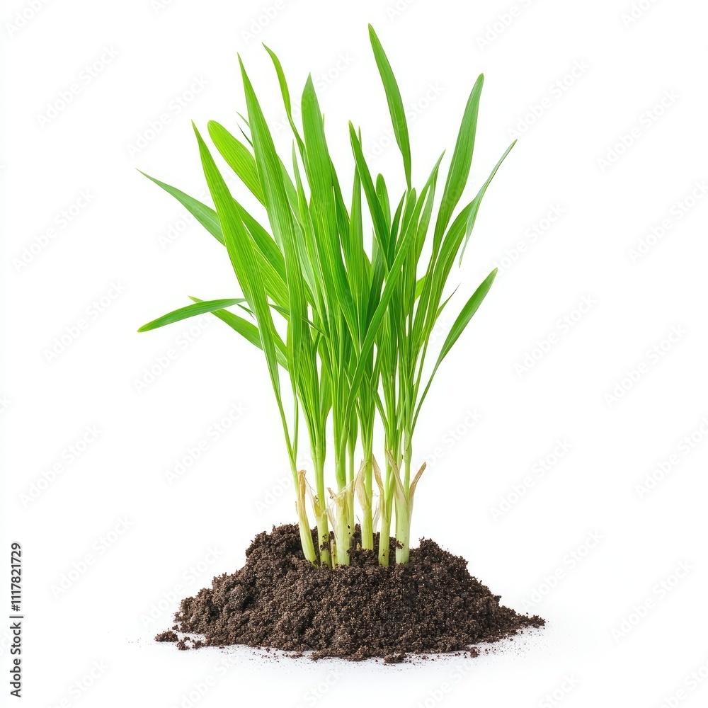 Green spring young wheat with soil isolated on white background Green spring young wheat with soil isolated on white background