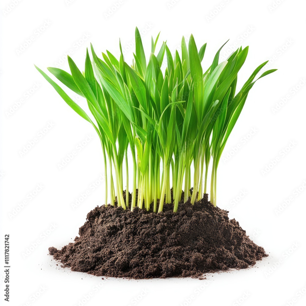 Green spring young wheat with soil isolated on white background Green spring young wheat with soil isolated on white background