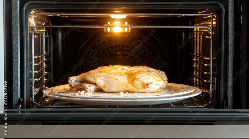 Brightly lit chicken pieces are baking on a metal rack inside an electric oven, showcasing a homey kitchen atmosphere Brightly lit chicken pieces are baking on a metal rack inside an electric oven, showcasing a homey kitchen atmosphere