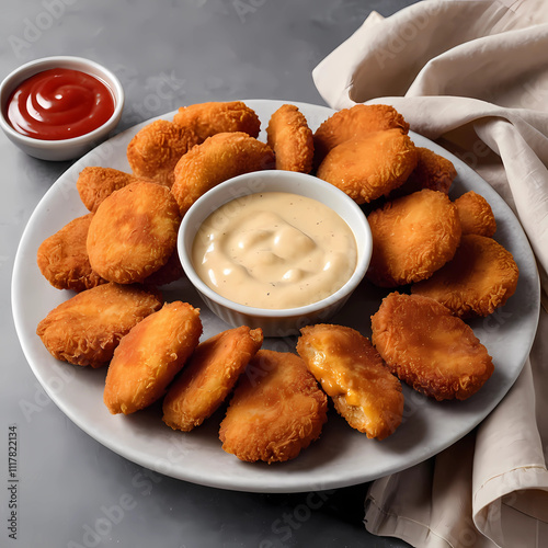 A circular white platter filled with golden-brown, breaded chicken nuggets. The nuggets are closely piled, with two small glass bowls in the center containing dipping sauces.
