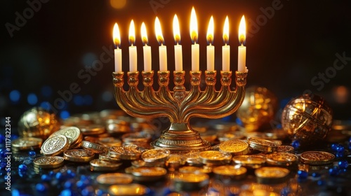 Illuminated Menorah with Burning Candles Surrounded by Gold Coins and Blue Beads - Hanukkah Celebration photo