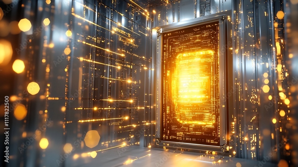 Obraz premium Captivating Glowing Light Beams and Sparkling Particles in Abstract Digital Backdrop