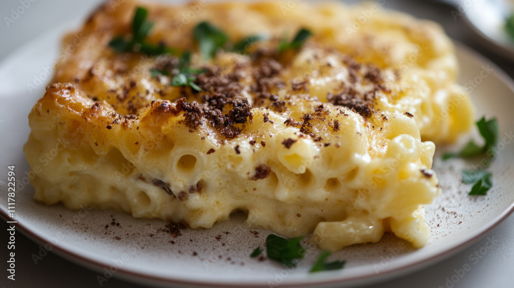 Close-up of a creamy baked macaroni and cheese slice topped with breadcrumbs and garnished with fresh parsley on a plate. Comfort food concept ideal for culinary designs and menus. Close-up of a creamy baked macaroni and cheese slice topped with breadcrumbs and garnished with fresh parsley on a plate. Comfort food concept ideal for culinary designs and menus.