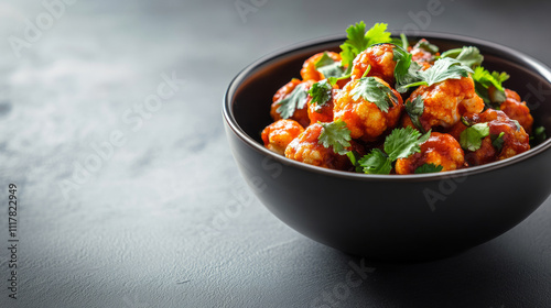 Bowl of roasted cauliflower florets with spicy sauce and fresh cilantro garnish on a dark textured background.