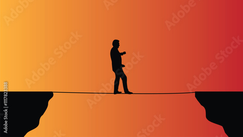 Business Man Walking on Thin Rope over Precipice in Sunlight. Overcoming dangers and obstacles at work vector art