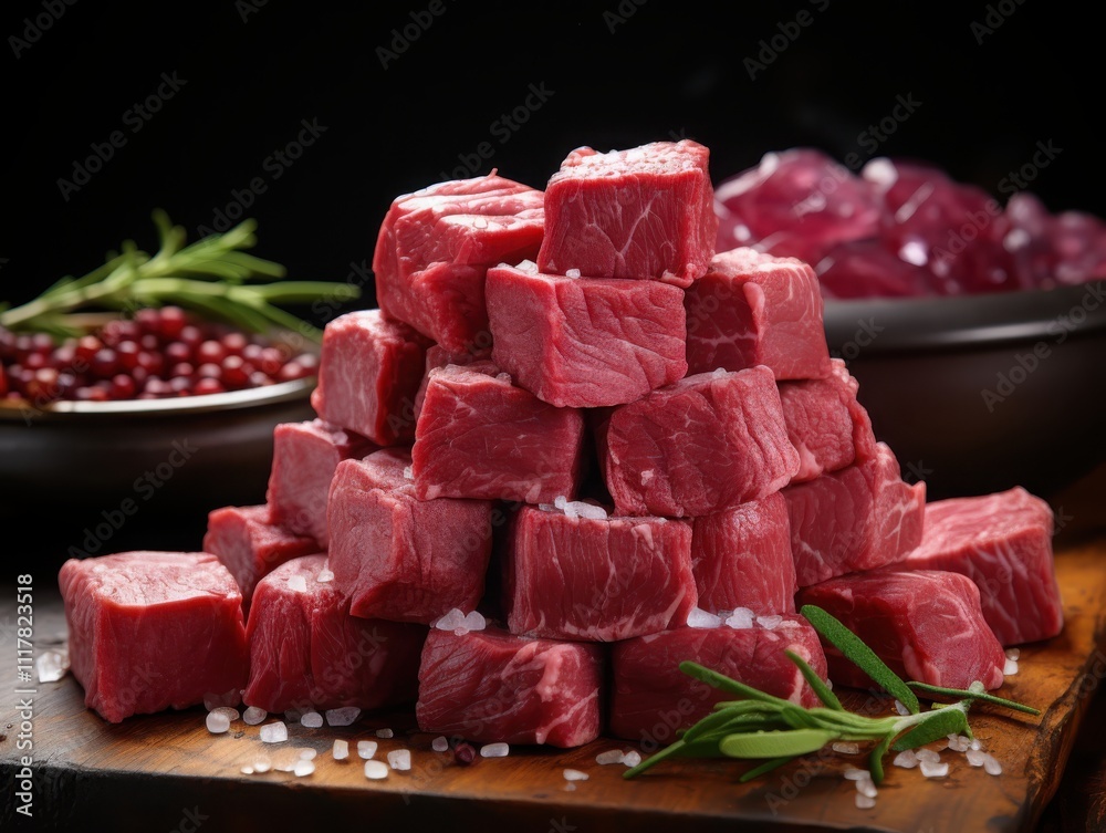 Preparing prime beef raw cubes with perfect symmetry on a granite surface in a professional kitchen under high-resolution lighting
