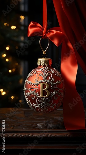 Red Christmas ornament with gold letter B, hanging from a red ribbon, on dark wood.