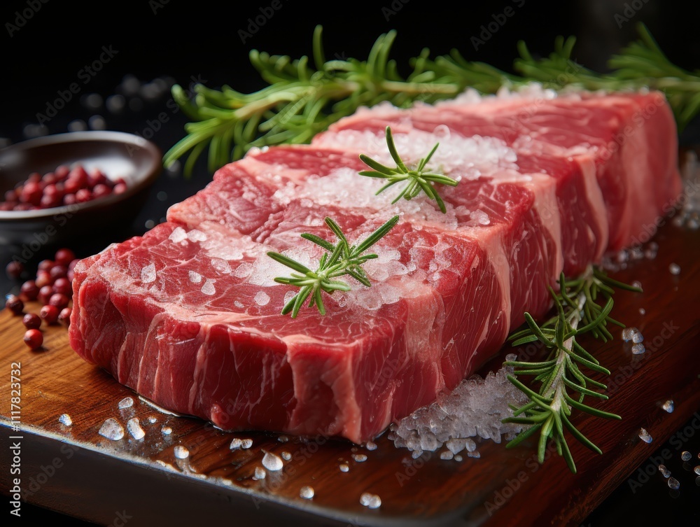 Showcasing premium wagyu beef culinary studio food photography minimalist white background close-up professional presentation with water droplets Showcasing premium wagyu beef culinary studio food photography minimalist white background close-up professional presentation with water droplets