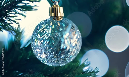 Close-up of a sparkling crystal Christmas ornament hanging on tree, reflecting the soft glow of festive lights and surrounded by bokeh effect, holiday, decor, greeting cards, elegance, festive season