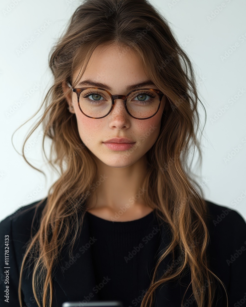 Portrait of a Young Woman with Freckles and Brown Hair Wearing Tortoise Shell Glasses - Close-up Studio Shot Portrait of a Young Woman with Freckles and Brown Hair Wearing Tortoise Shell Glasses - Close-up Studio Shot