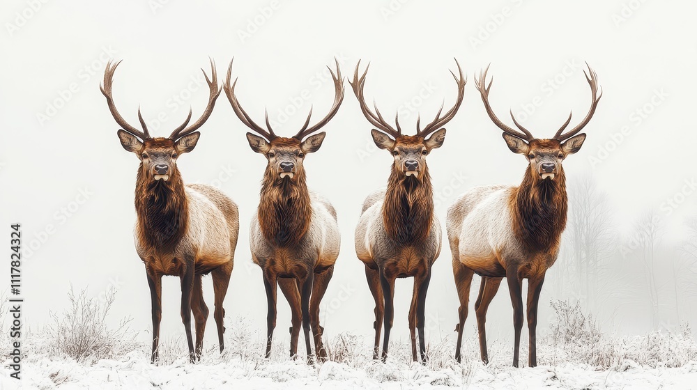 Majestic Quartet of Elk in Winter Wonderland Four Antlered Deer Standing in Snowy Landscape Majestic Quartet of Elk in Winter Wonderland Four Antlered Deer Standing in Snowy Landscape