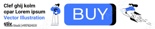 Central blue BUY button, cartoon characters with magnifying glass and riding a rocket. Ideal for e-commerce, online shopping, digital marketing, advertising, web design, user experience, sales
