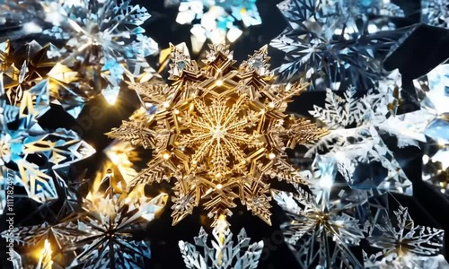 Breathtaking hyperspeed zoom shot of golden intricate snowflake, capturing its dazzling details with dynamic motion against dark, elegant background. luxury, decorative 