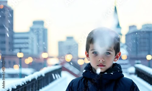 Serious sad boy stands at the top of snowy staircase with  city skyline in background, snowflakes falling around him as bright light reflects off the snow, stoic , determined express. winter