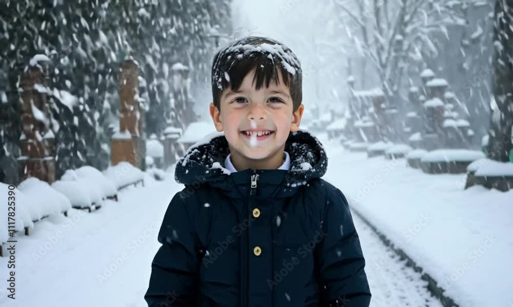 Smiling boy plays joyfully in a snowy urban setting, brushing snow off his shoulders and looking up as snowflakes gently fall around him, creating warm, cheerful winter scene. outdoor gear, holiday Smiling boy plays joyfully in a snowy urban setting, brushing snow off his shoulders and looking up as snowflakes gently fall around him, creating warm, cheerful winter scene. outdoor gear, holiday