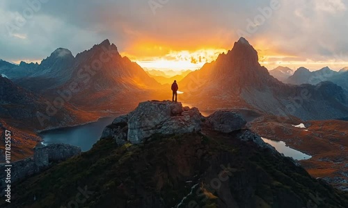 breathtaking view of lone hiker standing on rocky peak overlooking serene lake, mountains at sunrise, with warm light breaking through the clouds. outdoor adventure, motivational, nature documentaries