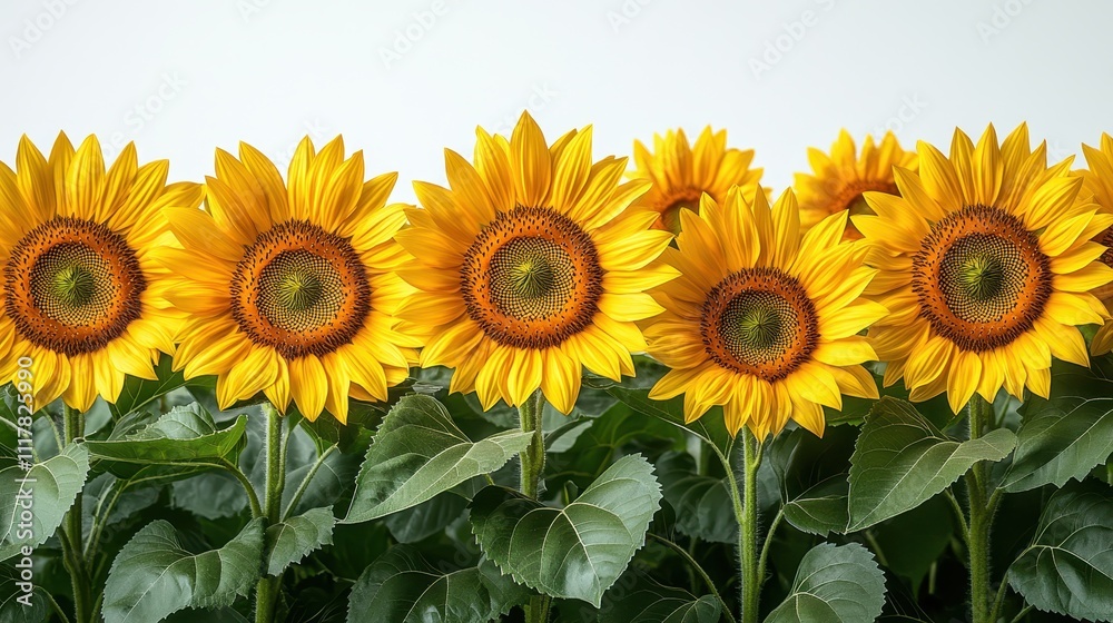 Fototapeta premium Vibrant Yellow Sunflowers in a Row Close-up of Blooming Sunflowers against a White Background, Ideal for Summer and Nature Themes.