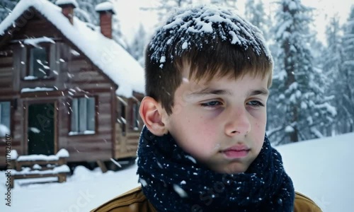 Serious boy stands near snow-covered cabin in dense winter forest, wearing thick scarf as snowflakes gently land on his shoulders, with soft natural light,, expression. solitude, resilience