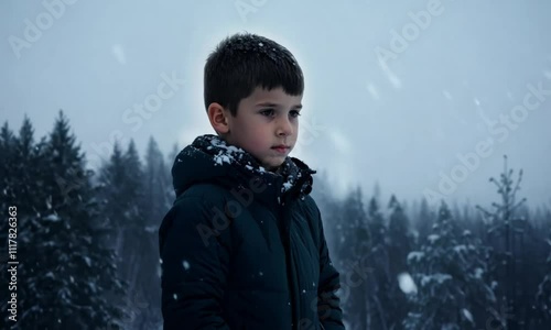 Serious boy stands on snowy hilltop during heavy snowfall, wearing thick winter coat and gazing into the horizon, with dark forest in the background, cold, atmospheric winter setting. drama, winter 