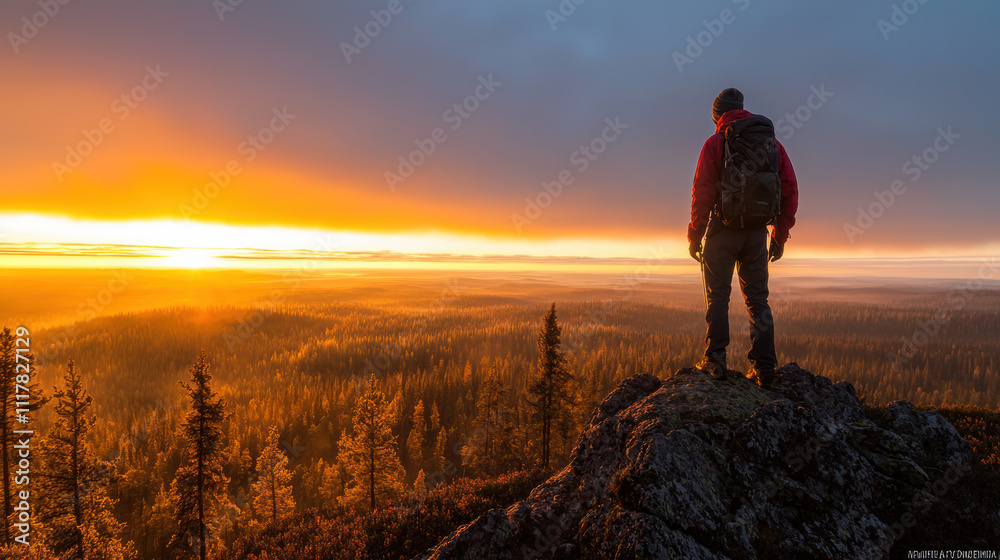 lone hiker standing on ridge, overlooking stunning sunset over forest lone hiker standing on ridge, overlooking stunning sunset over forest