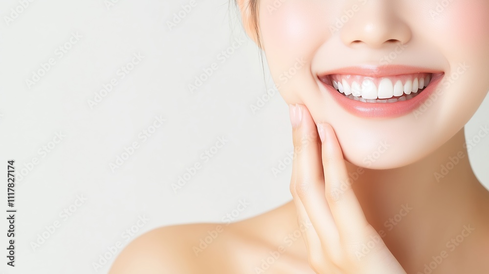 Bright smile of a young woman showcasing healthy skin and happiness in a minimalistic studio setting Bright smile of a young woman showcasing healthy skin and happiness in a minimalistic studio setting