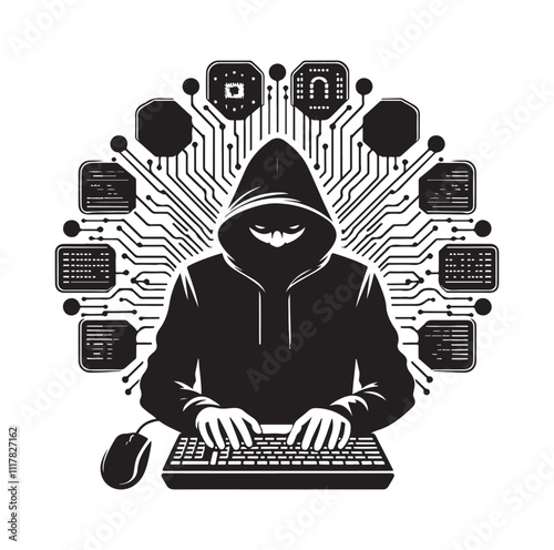 Computer hacker with laptop silhouette vector illustration