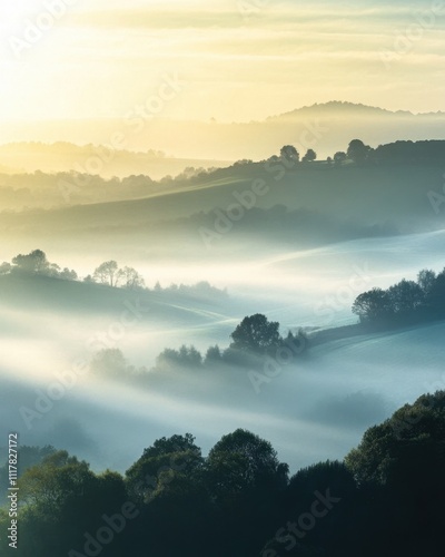 Serene landscape with misty hills and soft light at dawn.